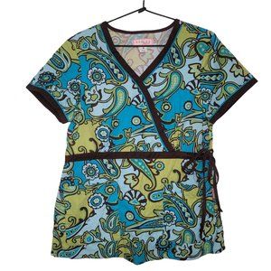 Koi Blue Green Kathryn V-Neck Faux Wrap Scrub Top Womens Medium